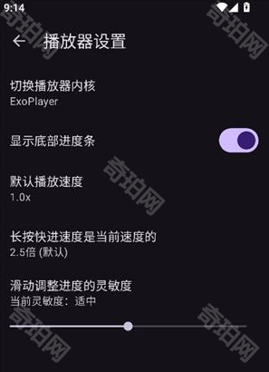 播放器设置：切换播放器内核、显示底部进度条、默认播放速度、长按快进速度、滑动灵敏度